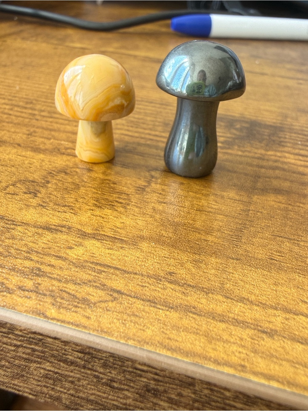 Pair of carved & polished mini crystal mushrooms - hematite & crazy lace agate